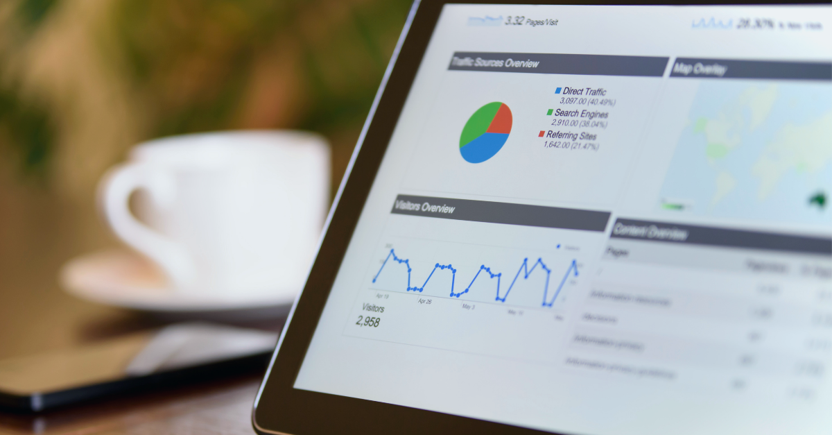 Marketing dashboard with various charts and graphs appear on a tablet with a blurred coffee cup in the background. 
